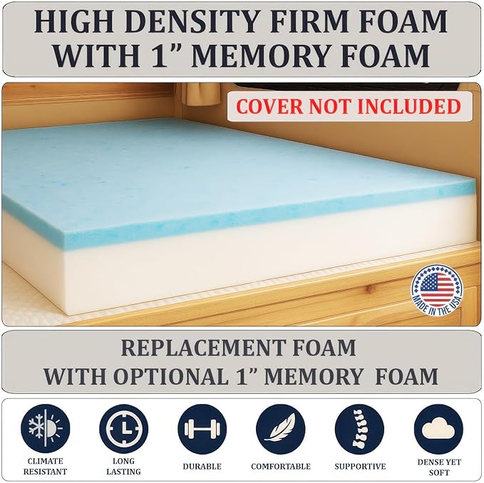 Foamma 5” x 28” x 79” Truck, Camper, RV Travel Visco Gel Memory Foam Bunk Mattress Replacement, Made in USA, Comfortable, Travel Trailer, CertiPUR-US Certified, Cover Not Included