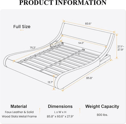 SHA CERLIN Modern Low Profile Platform Bed Frame Full Size, Stylish Faux Leather Upholstered Sleigh Bed with Adjustable Headboard, No Box Spring Needed, White