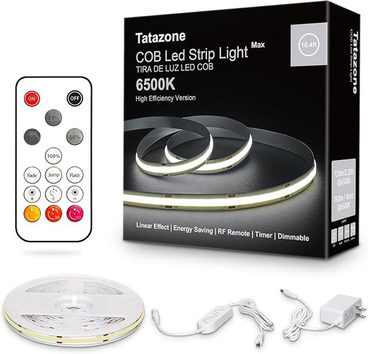 White COB Led Strip Light Max with RF Remote, 16.4ft 6500K Dimmable Ultra Bright Daylight White COB Light Strip, Indoor COB Led Lights for Mirror, Ceiling, Kitchen, Room, Cabinet, Closet