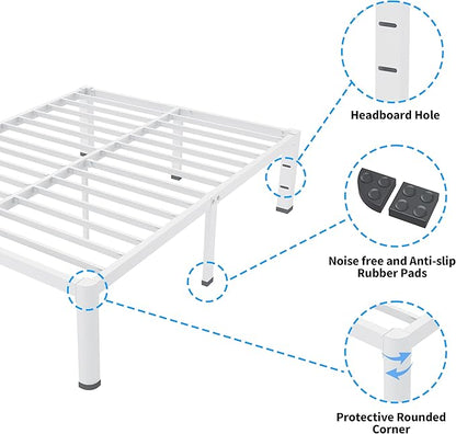 ROIL 14 Inch White King Bed Frame with Rounded Corner and Headboard Hole Mattress Retainers 3500LBS Heavy Duty Steel Slats No Box Spring Needed Platform Noise-Free Easy Assembly