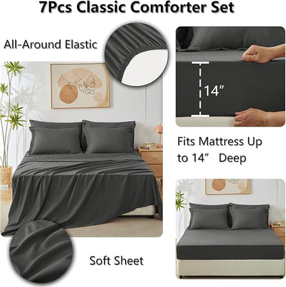 CozyLux King Size Comforter Set Dark Grey - 7 Pieces Bed in a Bag King, Luxury Soft Bed Set for All Seasons, Bedding Set with Down Alternative Comforter, Sheets, Pillowcases & Shams