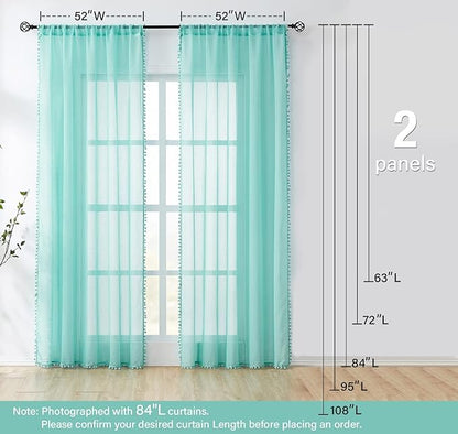 Treatmentex Aqua-Blue Pom-Pom Sheer Curtains for Bedroom Nursery Room 63inches Long Linen Textured Window Sheer Drapes 52" W, 1 Pair, Rod Pocket