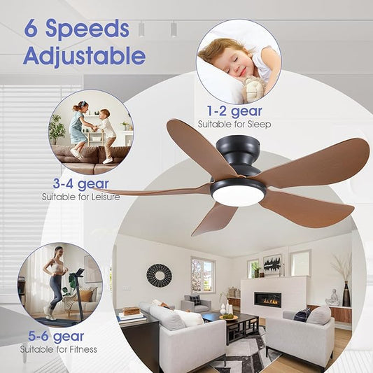 46 Inch Modern Ceiling Fans with Lights, Flush Mount Ceiling Fan with Light and Remote/APP Control, 5 Reversible 6 Speeds Curved Blades, 3 CCT Dimmable Lights for Kids Room, Brown