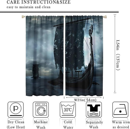 Viking Ship Curtains, Night Scene with Black Vikings Dragon Ship Sailing, Vintage Ancient Scandinavian Nautical Print Blackout Window Drapes for Boys Bedroom Living Room 42x54 Inch