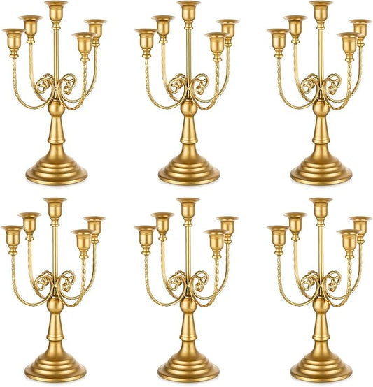 Romadedi Candelabra Gold Candle Holders - 5 Arm 11.8" Wedding Candlestick Holder for Theme Party Table Centerpiece Decor Dining Room Birthday Holiday Christmas, Set of 6