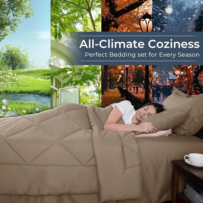 HEVUMYI Khaki Cali-King Comforter Set - 7-Piece All Season Bed in a Bag Cali-King, Ultra Soft Bedding Set with Comforter, Flat Sheet, Fitted Sheet, Pillowcases, Pillow Shams