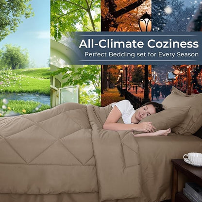 HEVUMYI Khaki Cali-King Comforter Set - 7-Piece All Season Bed in a Bag Cali-King, Ultra Soft Bedding Set with Comforter, Flat Sheet, Fitted Sheet, Pillowcases, Pillow Shams