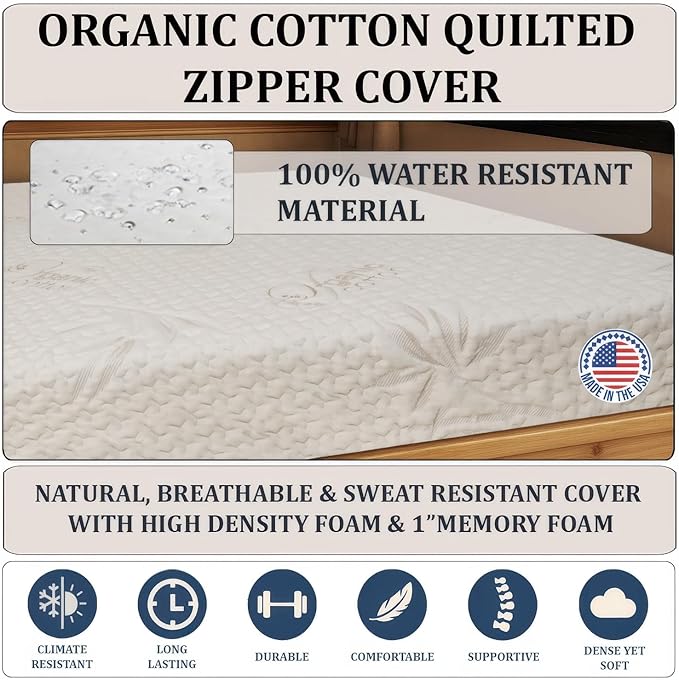 Foamma 12” x 32” x 75” Camper/RV Travel Gel Memory Foam Foam Bunk Mattress, Organic Cotton Cover, Made in USA, Comfortable, Travel Trailer, CertiPUR-US Certified