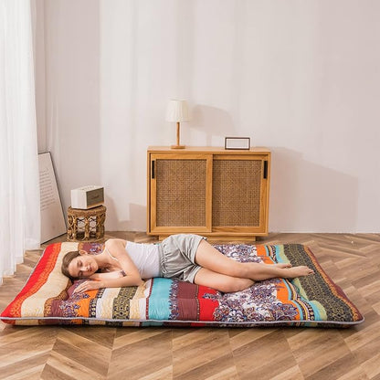 MAXYOYO Bohemian Retro Floor Mattress Vintage Floral Japanese Futon Mattress Roll Up Thicken Sleeping Bed Portable Camping Mattress Floor Lounger Couch Bed Mattress Pad, Full Size