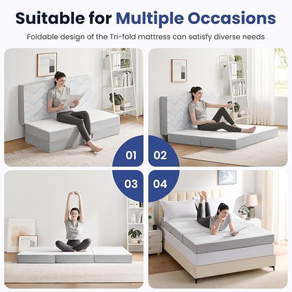Foldable Mattress Full 4 inch -Portable White Memory Foam Folding Matress with Washable Cover for Camping Travel Guest Room Home Use-Non-Slip&Easy Storage