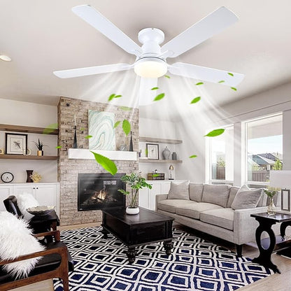 Ceiling Fans with Lights, 56" Flush Mount Ceiling Fan with Light and Remote/APP Control, Low Profile, Modern Ceiling Fan Reversible, Dimmable, Noiseless, White for Bedroom