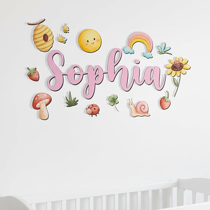 Custom Nursery Name Sign with Themed Decor Kit | Personalized Wooden Wall Art for Baby, Kids Room | Space, Jungle, Circus, Under the Sea, Woodland, Rainbow (30", Rainbow/Nature)