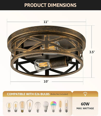 VONLUCE Flush Mount Ceiling Lights, 2-Light Hallway Ceiling Lighting Fixtures, 11 inch Farmhouse Metal Cage Ceiling Lights for Entryway Kitchen, Adjustable Lamp Holders, ETL, 2 pcs, Oil-Rubbed Bronze