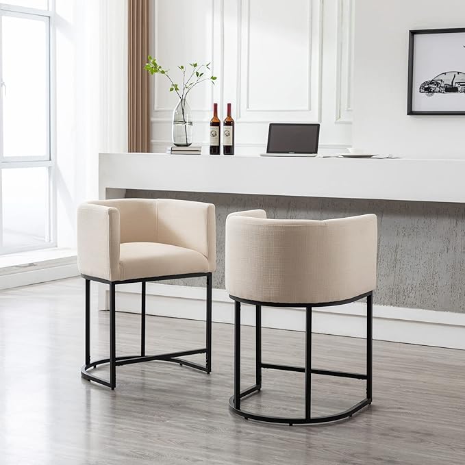 Modern Counter Height Linen Upholstered Bar Stool, 24" Kitchen Counter Island Stool Bar Chairs with Black Metal Frame for Kitchen Island, Cream