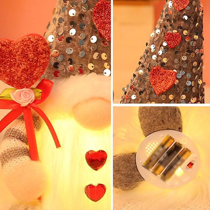 Light Up Gnome Valentine's Day Decorations Indoor Home Decor 11" Lighted Valentines Gnomes Decor Plush Scandinavian Tomte Elf Holiday Gnomes Ornaments Valentines Day Gifts for Her (Grey)