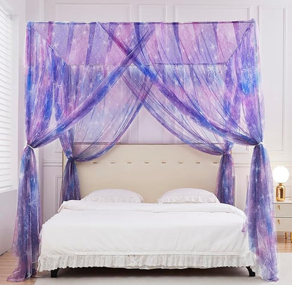 Mengersi Tie Dye Canopy Bed Curtains with Lights,Gradient Ombre Bed Canopy for Girls,Canopy for Bed Princess Bed Drapes for Girls Room Decor(Full,Purple)