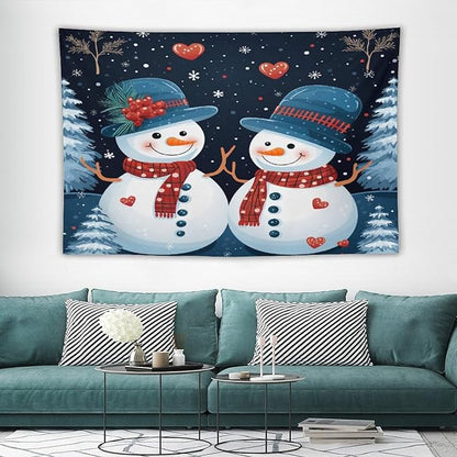 MaSiledy Snowman Couple Tapestries Christmas Cute Snowman Tapestries for Bedroom Landscape Tapestry Home Decoration for Living Room Bedroom 60"x90" Holiday Scene Banner for Winter Christmas Party