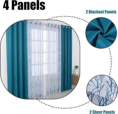 BONZER Mix and Match Curtains - 2 Pieces Branch Print Sheer Curtains and 2 Pieces Blackout Curtains for Bedroom Living Room Grommet Window Drapes, 37x95 Inch/Panel, Teal, Set of 4 Panels