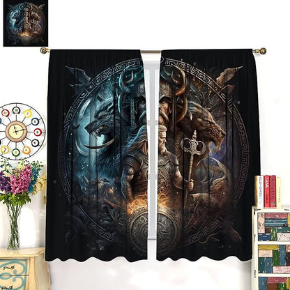 Cool Norse Viking Theme Curtains,Fantasy Ancient Symbols Wildlife Wolf Nordic Vikings Window Treatments Thermal Insulated Rod Pocket Blackout Drapes for Bedroom 2 Panels 63L x 42W