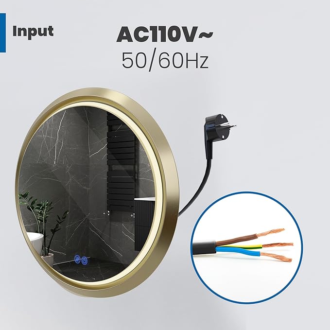 Round LED Bathroom Mirror with Lights, Front Lit Makeup Mirror, Anti-Fog, 3 Colors and Dimmable Light, 36 Inch Gold Frame
