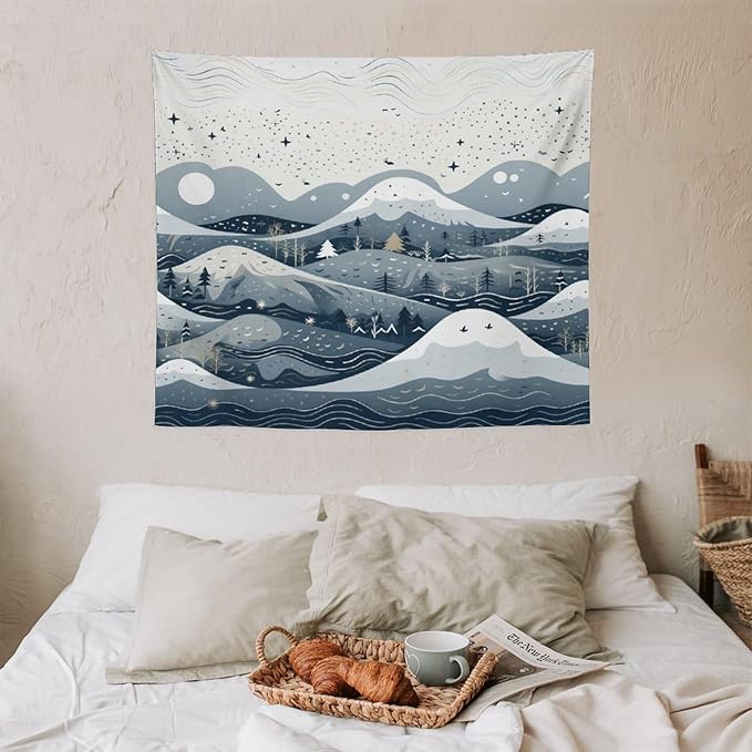 Tapestry As Wall Art Snow Mountain Scandinavian Winter Tapestry Hello Winter Holiday Tapestries for Bedroom Wall Hanging for Bedroom Living Room Dorm 50"x60" Tapestries Winter Snowflake Decorative