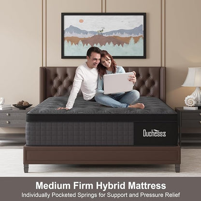 Queen Mattress, 14 Inch Hybrid Mattresses Black with Gel Memory Foam and Individually Pocket Innerspring Euro Top Medium Firm for Motion Isolation, Edge Support, 100 Night Trial