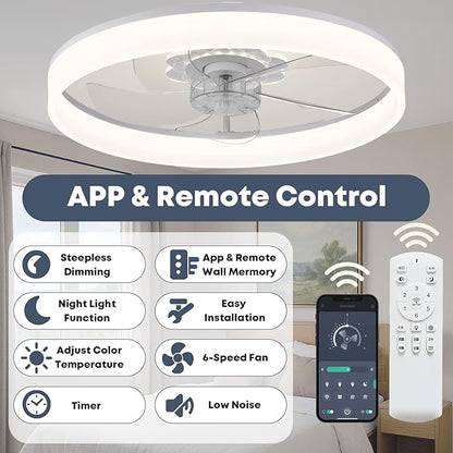 20'' Ceiling Fan with Light, Upgraded Low Profile Fan, Flush Mount Ceiling Fan, 6 Speeds, Dimmable LED, App & Remote Control, Quiet DC Motor, for Bedroom, Living Room, F116 White