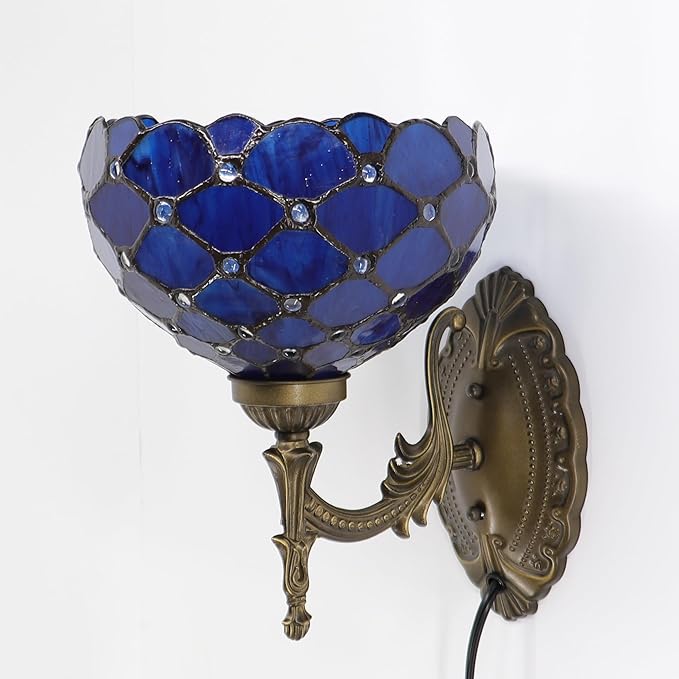 Tiffany Sconce Lamp Stained Glass Wall Lamp,8X10.5X11 Inch Plug in Wall Bedside Light for Hallway Bedroom (Blue Beads)