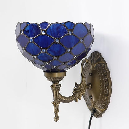 Tiffany Sconce Lamp Stained Glass Wall Lamp,8X10.5X11 Inch Plug in Wall Bedside Light for Hallway Bedroom (Blue Beads)