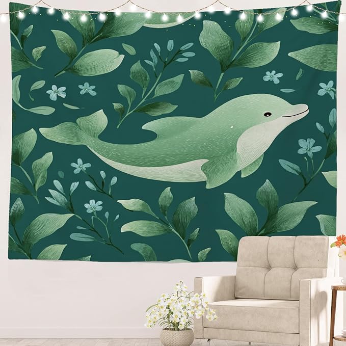 Batmerry Cute Dolphin Tapestry, Green Dolphin With Leaves Wall Art Hanging Decoration Polyester Fiber White Ruffled Around for Dorm Room Bedroom Living Room, 39.1x59.1 inches