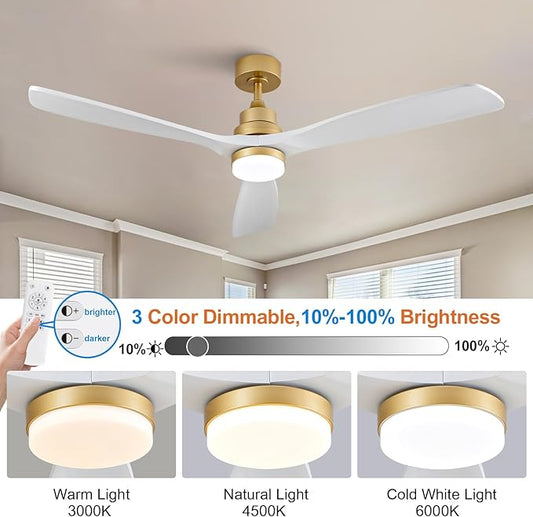 BOJUE 60 Inch Wood Ceiling Fans with Lights and Remote, White Gold Outdoor Ceiling Fan with Light, Dimmable 3 Blades Outdoor Fans for Patios Noiseless Modern Ceiling Fans for Bedroom Living Room