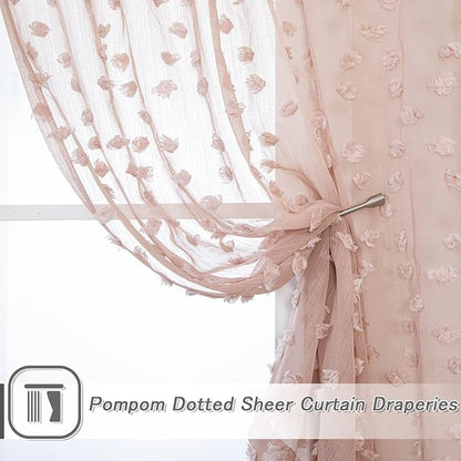 MYSKY HOME Pom Pom Pink Sheer Curtains for Bedroom Girls Room Dusty Rose Curtains 84 Inches Long for Nursery Kids Light Filtering Boho Window Drapes, Rod Pocket, 52" Wide, 2 Panels