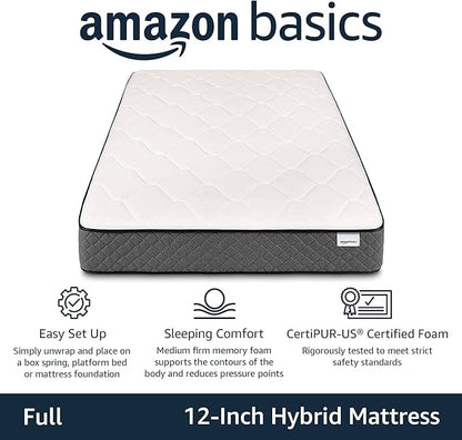Amazon Basics Memory Foam Mattress, Full Size Mattress, Hybrid, 12 Inch, Medium Feel, Motion Isolation Springs, White/Gray