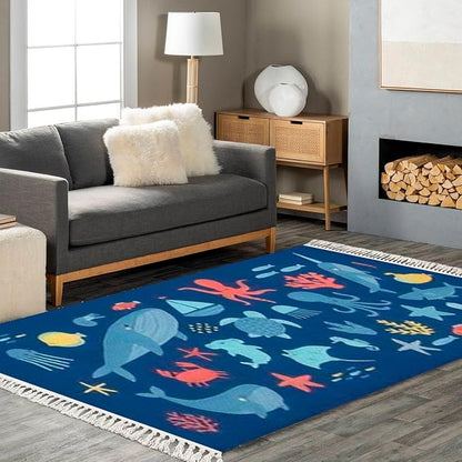 Boho Rug Cute Undersea World Deep Ocean sea Fish Octopus Scandinavian Chic Area Rug Washable Hallway Runner Rug Mat Pad Minimalist Nursery Decor for Living Room Bedroom Playroom Classroom