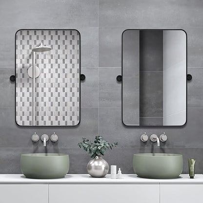 24" x 36" Pivot Rectangle Bathroom Mirror Tilting Beveled Black Metal Framed Vanity Mirrors for Wall, Tempered Glass