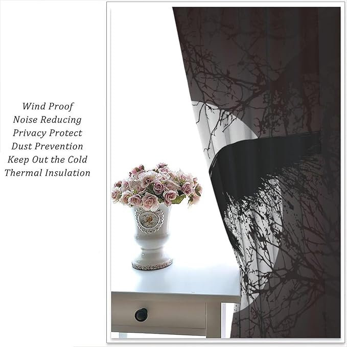 Cool Raven Print Curtains for Bedroom - Vintage Nordic Viking Theme Dead Tree Crow Full Moon Window Drapes,Energy Saving Thermal Insulated Rod Pocket Bedroom Blackout Curtains 2 Panels 63L x 21W
