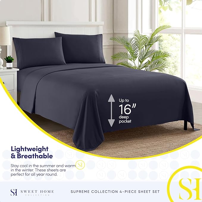 Twin XL Sheets - Breathable Luxury Sheets with Full Elastic & Secure Corner Straps Built In - 1800 Supreme Collection Extra Soft Deep Pocket Bedding Set, Sheet Set, Twin XL, Navy