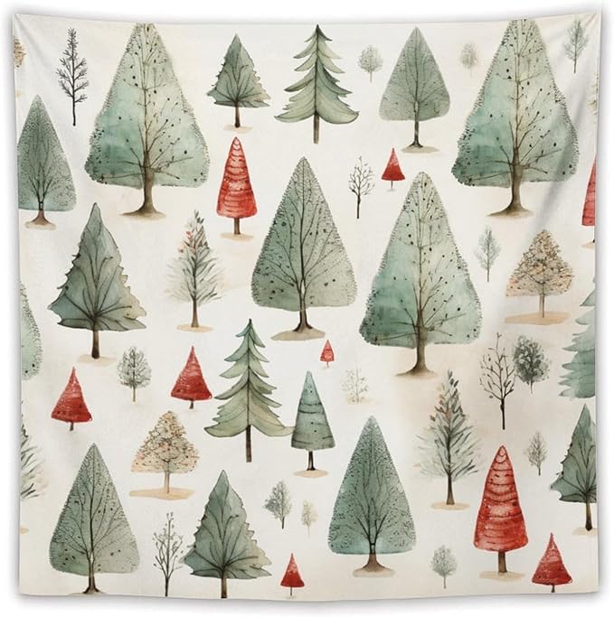 Wall Tapestries Vintage Christmas Tree Watercolor Tapestry Happy New Year Bedroom Tapestries Wall Hanging Decor Tapestry for Bedroom Aesthetic Alt Room 60"x60" Tapestries Winter Snowflake Decorative