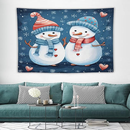 Snowman Couple Tapestries Winter Snowflake Cute Cartoon Funny Snowman Tapestry Vintage Aesthetic Tapestries Landscape Tapestry Bedroom Wall Decor Living Room 60"x90" Christmas Family Party