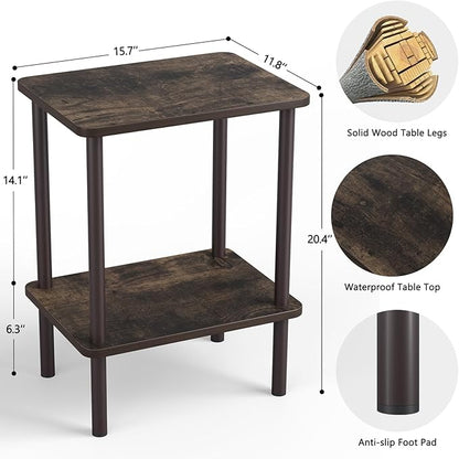 Apicizon 2 Tier End Table Set of 2, Small Side Table with Solid Wood Legs, Boho Bedside Table with Storage Shelf, Nightstand for Small Spaces, Bedroom, Living Room, Entryway, Rustic Oak