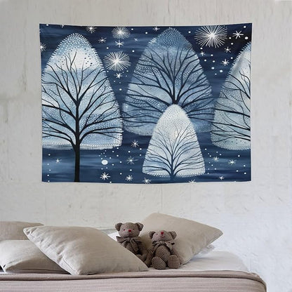 Trendy Blue Silver Glitter Tree Christmas Wall Tapestry Winter Holiday Wall Art Tapestry for Bedroom Aesthetic Tapestry Wall Hanging Decor Home Decoration for Bedroom Living Room Dorm 30"x40"