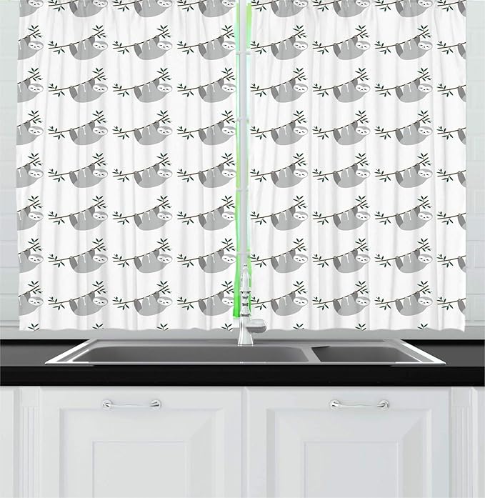 Lunarable Sloth Kitchen Curtains, Repetitive Pattern of Lazy Animals Hang on Branches, Window Drapes 2 Panel Set for Kitchen Cafe Decor, 55" x 39", Blue Grey Jade Green