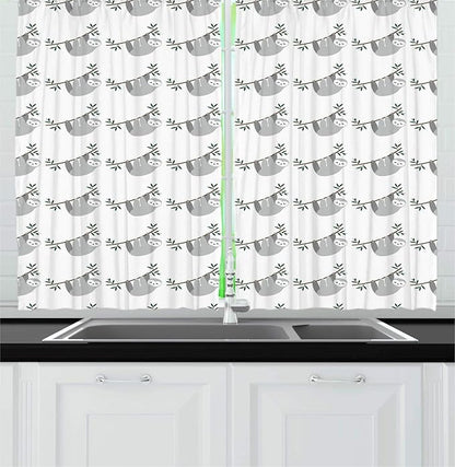 Lunarable Sloth Kitchen Curtains, Repetitive Pattern of Lazy Animals Hang on Branches, Window Drapes 2 Panel Set for Kitchen Cafe Decor, 55" x 39", Blue Grey Jade Green