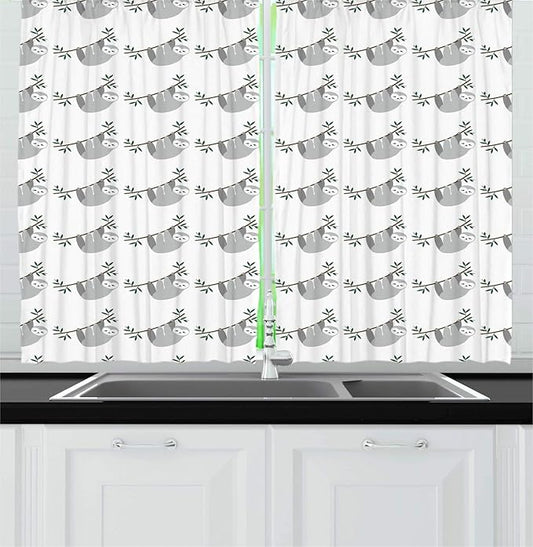 Lunarable Sloth Kitchen Curtains, Repetitive Pattern of Lazy Animals Hang on Branches, Window Drapes 2 Panel Set for Kitchen Cafe Decor, 55" x 39", Blue Grey Jade Green