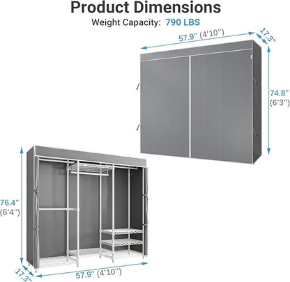 VIPEK V5C Medium Covered Clothes Rack Heavy Duty Portable Closet Wardrobe, Freestanding White Clothing Rack with Grey Upgarded Polyester Cover, Adjustable Custom Closet Rack, 57.9" Lx17.3 Wx76.4 H