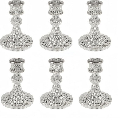 Glass Candlestick Holder,Striped Taper Candle Holders,Set of 6 Candle Stand for Table Centerpieces, Home Decor,Weddings,Festival and Parties (Silver Diamond)