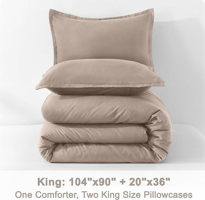 Litanika Light Coffee Comforter King Size, 3 Pieces Lightweight Solid Bedding Comforter Set, All Season Fluffy Bed Set (104x90In Comforter & 2 Pillowcases)
