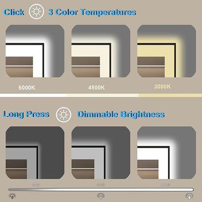 24 x 36 Inch LED Bathroom Mirror with Black Frame, Lighted Bathroom Mirrors for Vanity with Super Bright Front Light + Backlit, Anti-Fog, 3 Colors Stepless Dimmable Motion Sensor Smart Restroom Mirror
