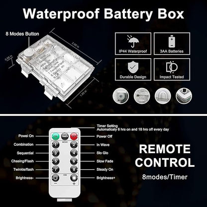 JMEXSUSS 2 Pack Rope Lights Battery Operated String Lights Outdoor Waterproof, Total 66ft 200 LED 8 Modes White Battery Powered Light with Remote for Canopy Tent Camping Patio Garden Decor