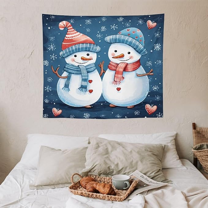 MaSiledy Snowman Couple Tapestries Christmas Winter Snowman Wall Hanging Wall Tapestry Aesthetic Landscape Tapestry Wall Hanging For Room 50"x60" Holiday Scene Banner for Winter Christmas Party